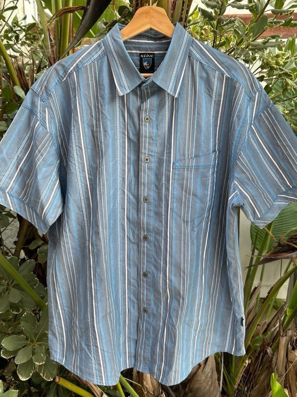 Kuhl Striped Button Up Shirt XL Blue Tencel Blend Outdoor Camp